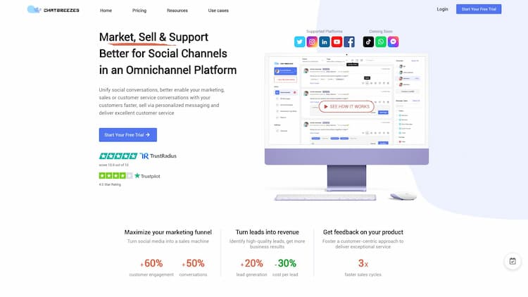 Chat Breezes 1.0 Businesses can easily manage all social conversations with customers, identify potential buyers, increase sales, and close more deals quickly - all from one platform. Ideal for retailers and e-commerce sellers that sell and market on social media.