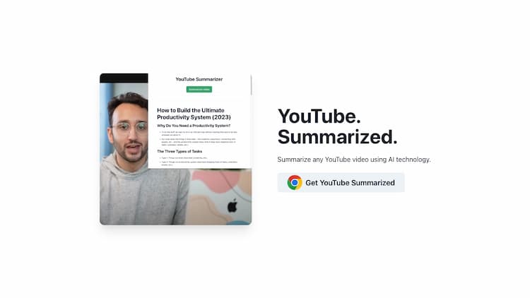 YouTube Summarized The only tool you need to create automatic YouTube video summaries. Create video and podcast summaries using GPT-technology and build your library.