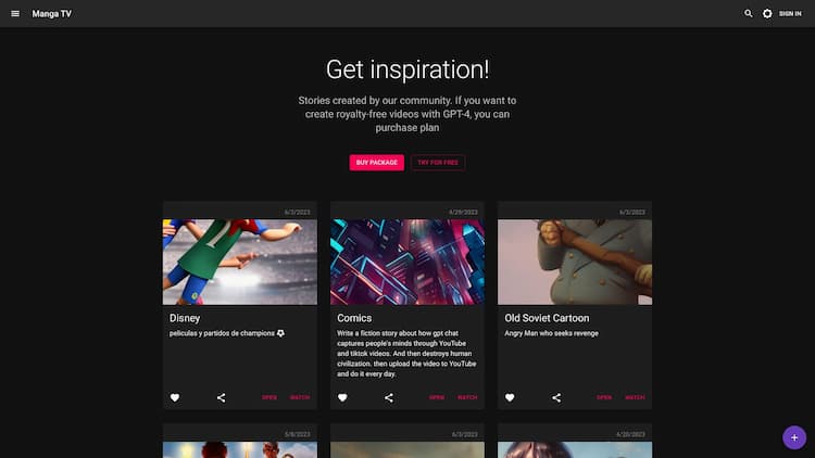 Manga TV Shop Manga TV GPT-4 AI Comics Generator. Experience the future of comics creation with our automatic comic video generation site. 
            Enjoy seamless and effortless creation of stunning comic videos with our advanced technology. 
            Our platform offers a wide range of customization options, from characters to backgrounds, ensuring unique and captivating videos every time. 
            Discover the power of automatic comic video generation today!