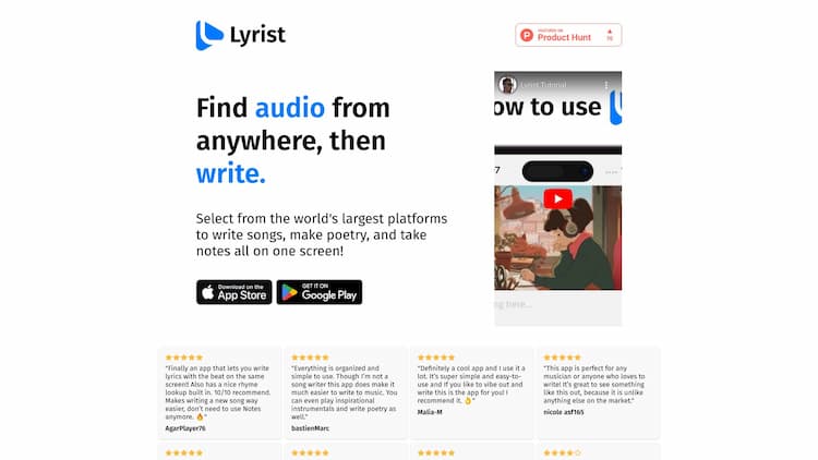 Lyrist Find audio from the world's largest platforms to write songs, make poetry, and take notes. Share your creations with others!