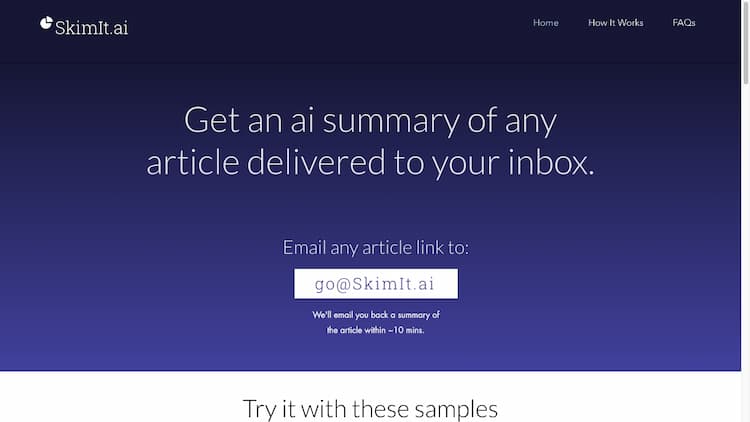 Skim It Email your article to our SkimIt.ai app, and we'll send you back an ai-generated summary of your article.