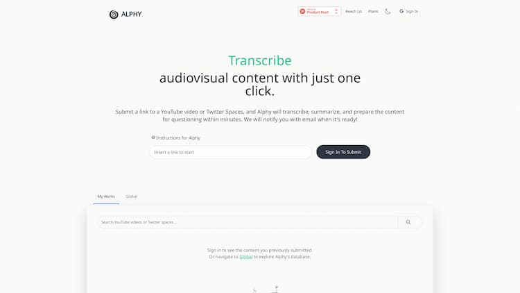 Alphy Transcribe, question, and summarize online and local audio  with the help of AI. Try Alphy for free!