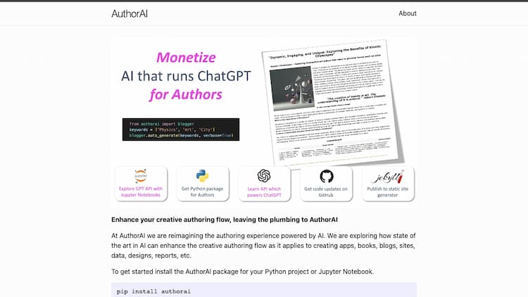 AuthorAI At AuthorAI we are reimagining the creative authoring flow powered by AI. We are exploring how state of the art in AI can enhance the authoring flow as it applies to creating apps, books, blogs, sites, data, designs, reports, and more.