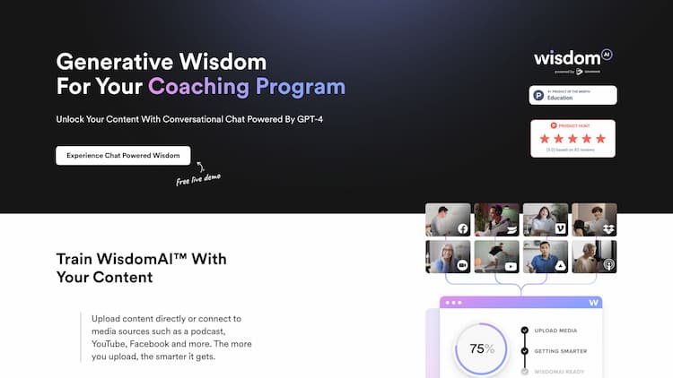 WisdomAI by Searchie Generative Wisdom For Your Content. Unlock Your Content With Conversational Chat Powered By GPT-4. Courses, Memberships, Podcasts, Coaching And More!