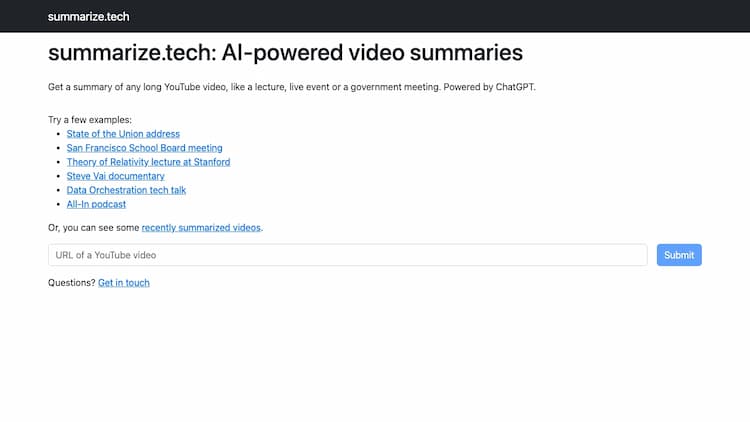 Summarize Tech summarize.tech: AI-powered video summaries