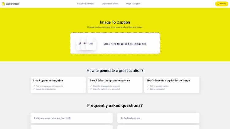 CaptionMaster Generate captivating image captions with our AI Caption Generator, boosting your chances of gaining more fans, likes, and shares.