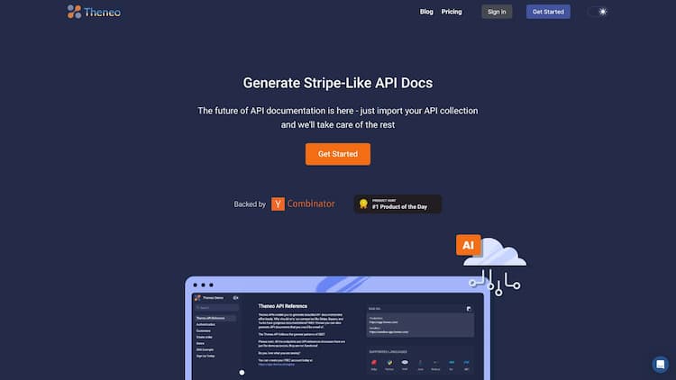 Theneo Discover Theneo, the advanced API documentation tool that harnesses the power of AI. Generate Stripe-like API docs effortlessly with support for OpenAPI, Postman, GraphQL, and more. Simplify your integration process in just a few clicks.