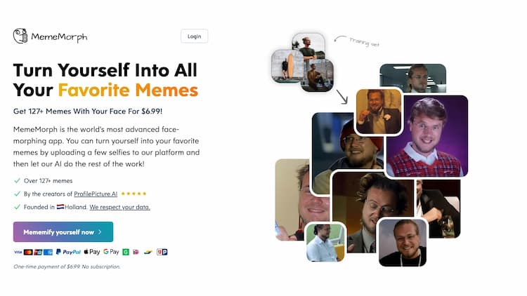 MemeMorph MemeMorph is the world's most advanced face-morphing app. You can turn yourself into your favorite memes by uploading a few selfies to our platform and then let our AI do the rest of the work!