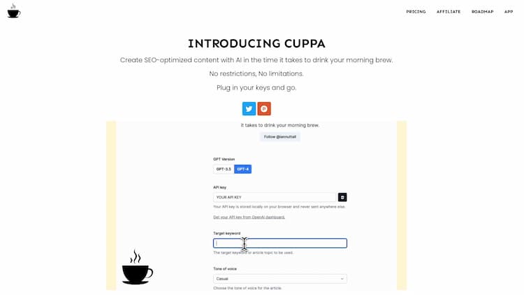 Cuppa Create SEO-optimized blog posts with AI in the time it takes to drink your morning brew.