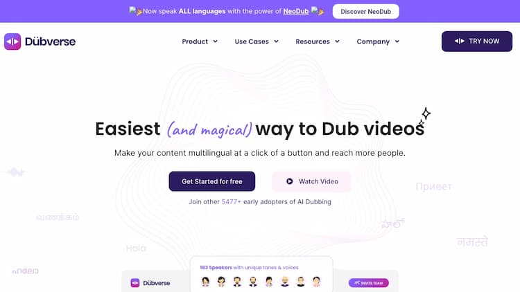 Dubverse Dubverse is an online video dubbing platform. Dubverse uses artificial intelligence to dub video across 30 languages at a lightning fast speed