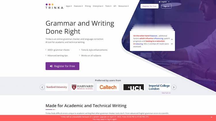 Trinka AI - Grammar Checker Tool Trinka AI is an online grammar checker for academic and technical writing. From advanced English grammar errors to scientific spelling, Trinka corrects it all!