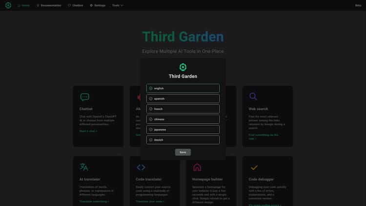 Third Garden Third Garden provide multiple tools based on OpenAI's ChatGPT AI. All services use the gpt-3.5-turbo model by default. You can choose another model such as gpt-4 on the settings page.