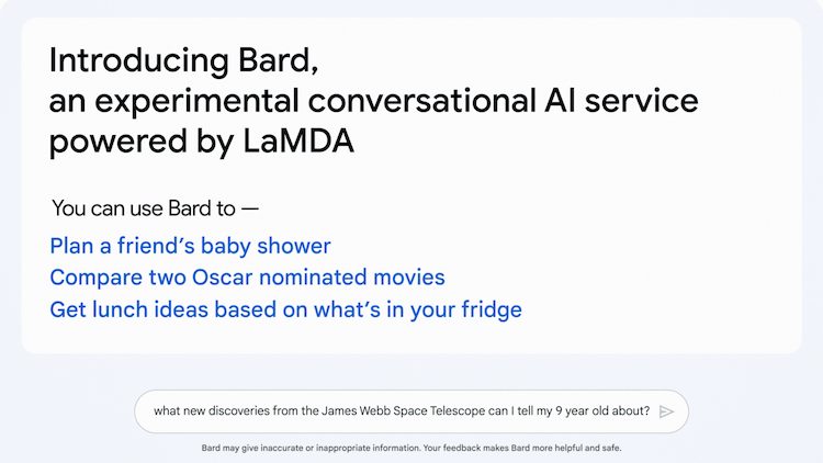 Google Bard An AI service called LaMDA, which is powered by Conversational AI, offers conversational capabilities.