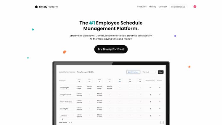 Timely Platform Create, manage, and track your employees’ work schedule, effortlessly. Elevate your business to new heights. Try Timely for free!