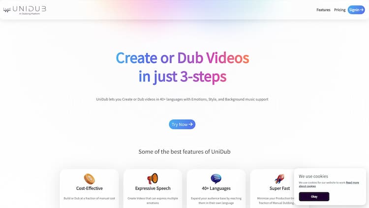 UniDub.co UniDub.co is a Multi-lingual AI Dubbing platform that can create or dub videos, Audiobooks, podcasts, and YouTube videos in 45+ languages with the original actors / own voice, emotions, and background music.