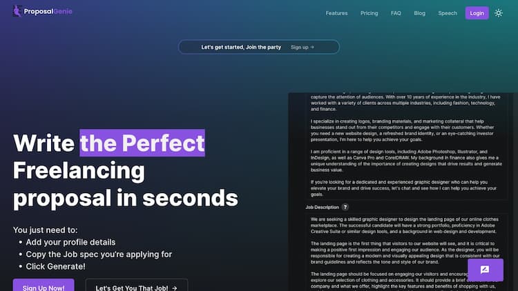 Proposal Genie Unlock freelancing success with Proposal Genie, instantly creating winning proposals through AI-powered efficiency, saving time, and securing more projects.