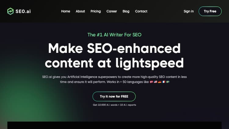 Seo.ai SEO.ai let's you harness the superpowers of world-leading generative artificial intelligence for generating high-quality SEO keyword research and AI copywriting.