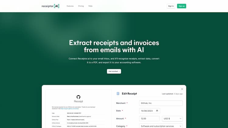 Receiptor.ai AI-powered tool for automated receipt extraction from emails. Streamlines expense tracking, integrates with management systems, simplifies tax prep.