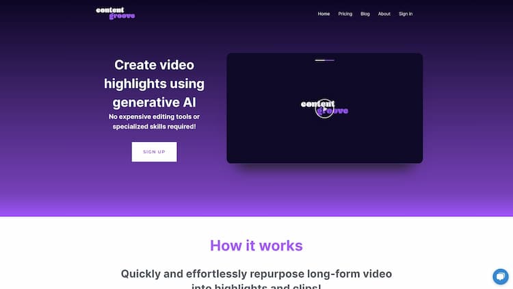 Video Highlight, Clip and Transcript API ContentGroove uses generative AI to automatically create highlights and clips from longer videos, saving you valuable editing time and money.