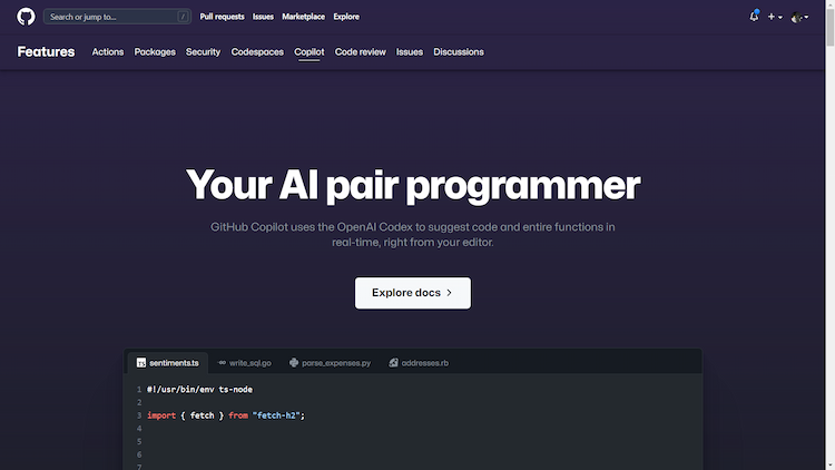 Copilot AI pair programmer that suggests code & functions in real-time from your editor.