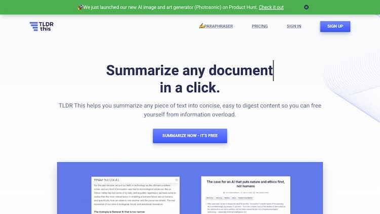 TLDR this TLDR This is a Free online text summarizing tool that automatically condenses long articles, documents, essays, or papers into key summary paragraphs using state-of-the-art AI.