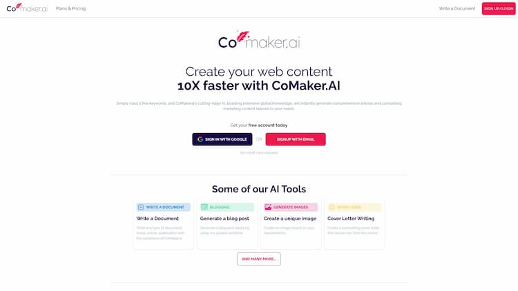 CoMaker.ai CoMaker.ai is an AI-powered platform that assists entrepreneurs, marketers, and influencers in developing and growing their businesses. Get personalized project management, task tracking, and content creation ideas in one place. Start building your business with CoMaker.ai today.