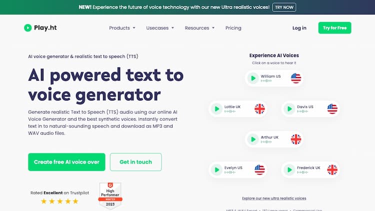 Play.ht AI Voice Generator with 600+ AI voices. Generate realistic Text to Speech voice over online with AI. Convert text to audio and download as MP3 & WAV files.
