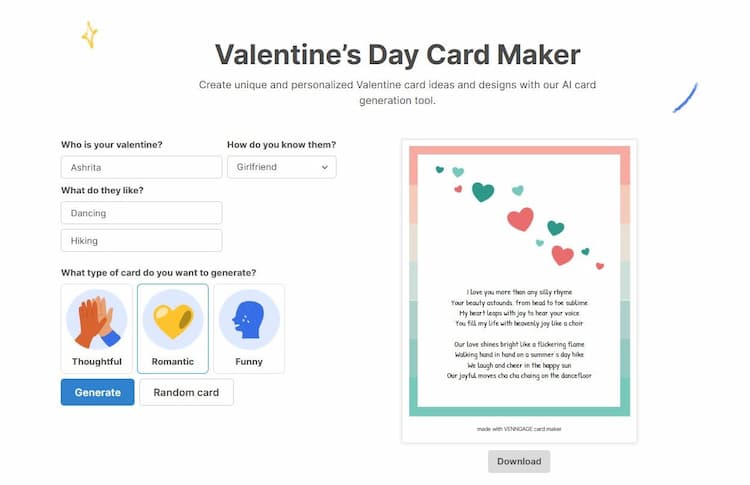 Venngage Generate one-of-a-kind and customized Valentine's Day card concepts and designs using our advanced artificial intelligence card creation tool.