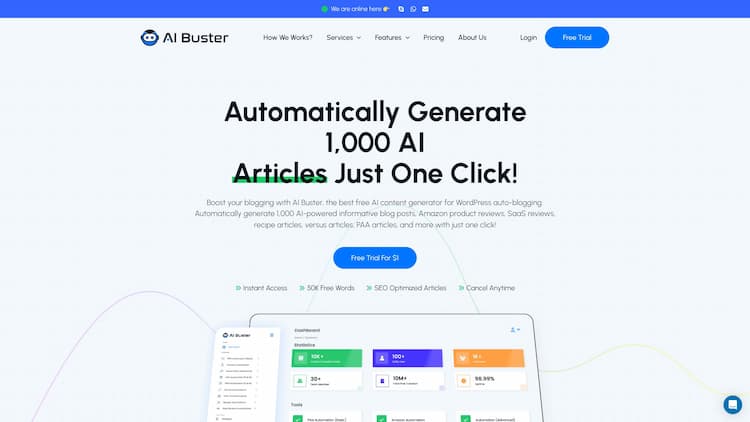 Ai Buster Boost your blogging with AI Buster, the best free AI content generator for WordPress AI auto-blogging. Generate and publish 1,000 AI articles with just one click!