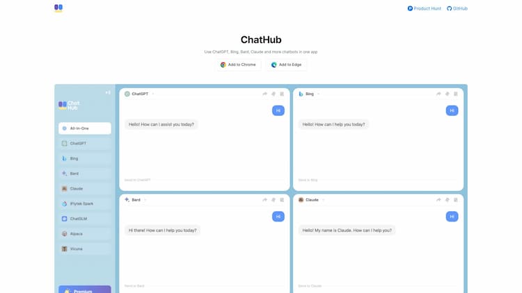 ChatHub All-in-one chatbot client, use ChatGPT, Bing, Bard, Claude and more chatbots simultaneously.