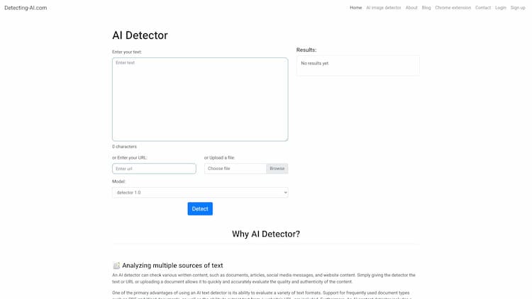 Detecting-AI.com Detect and check AI-generated content with our powerful AI detection tool. Identify and flag ChatGPT and other AI-generated text. Keep your content AI-free with our AI detection