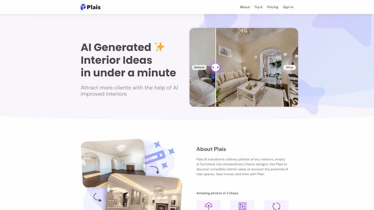 Plais Boost your client engagement with the help of AI generated interiors. Generate tons of ideas for spaces or create staged interiors in a min.
