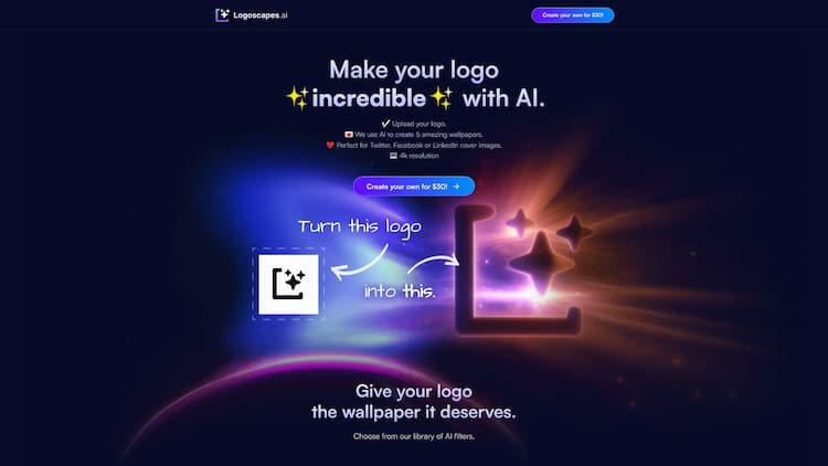 Logoscapes.ai Logoscapes uses AI to remix your logo in a bunch of different styles, generating 4k images that are perfect for social media, wallpapers, and more.