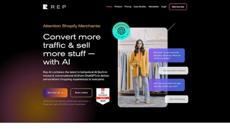 Rep AI: Sales Concierge for eCommerce Shopify's first AI Sales Concierge chatbot for eCommerce. Rep Provides a guided shopping experience for everyone. Powered by two AIs: Our Rescue Algorithm and ChatGPT.