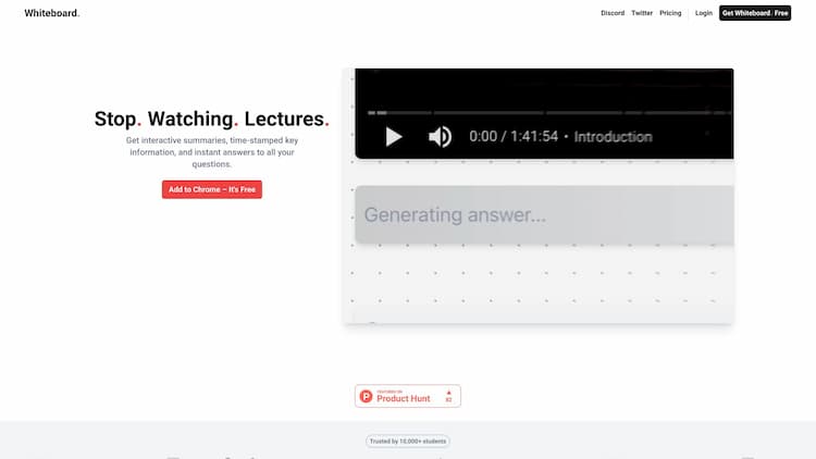 Whiteboard AI The world's #1 AI-enhanced learning tools. Instantly summarize and chat with videos, create notes and flashcards from any document, & ask your AI tutor anything.