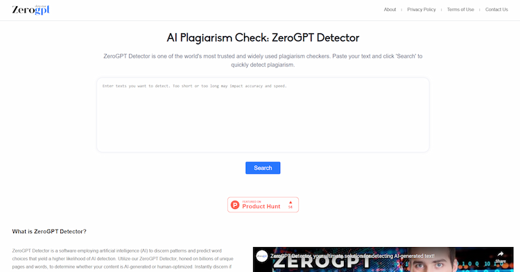 ZeroGPT Detector ZeroGPT Detector content at no cost, with an easy method and high precision. OpenAI detection instrument, Plagiarism identification for AI-generated text.