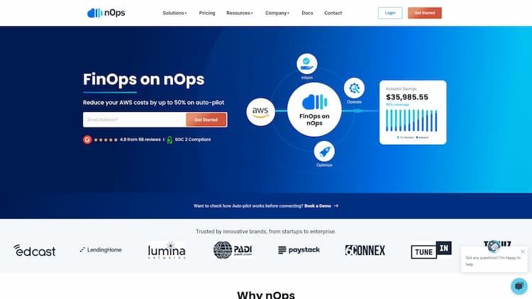 nOps Fully automated FinOps platform. Reduce your AWS costs by 50% without any engineering effort. We are the first Cloud Management platform that charges based on the fraction of the savings. Our incentives are aligned to optimize your AWS costs.