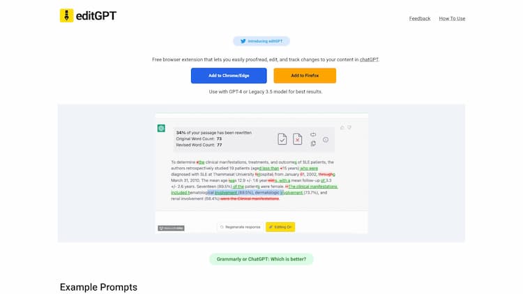 editGPT editGPT is a free browser extension that allows you to proofread, edit, and track changes to your content in chatGPT
