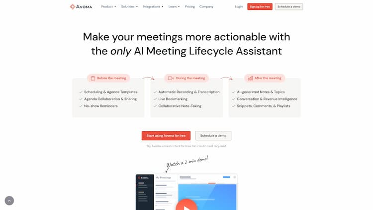 Avoma – AI Meeting Assistant Avoma is an AI Meeting Assistant that automatically transcribes, summarizes, and analyzes every meeting to provide actionable Conversation Intelligence.