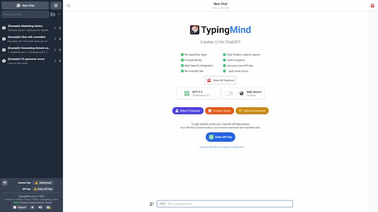 Typing Mind Use ChatGPT with enhanced features like chat history search, folders, integrations, prompt library, etc.