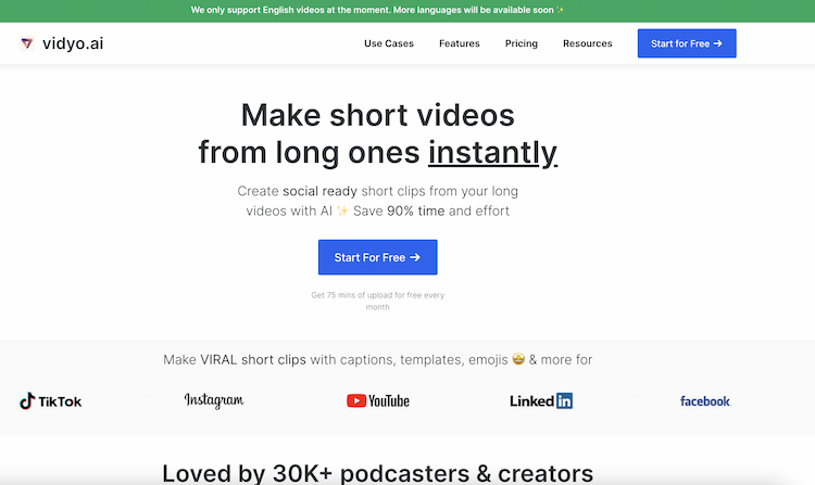 Vidyo.ai Our AI platform helps you repurpose long form podcasts and videos into shorter shareable clips for TikTok, Reels and Shorts. No CC Required.