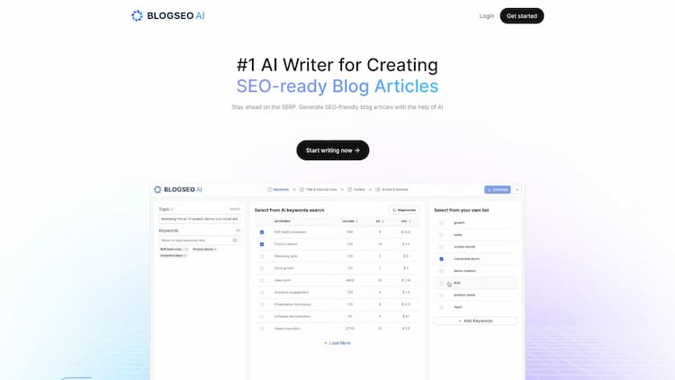 BlogSEO AI BlogSEO AI is an AI Writer for SEO that helps you create high-quality, user-first, and SEO-ready blog articles in just minutes.