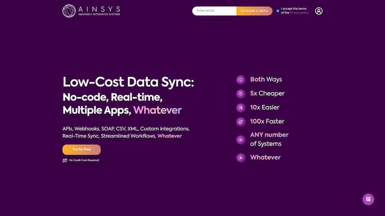 Ainsys Unlock data management with AINSYS: Affordable, secure, and fast! Real-time sync, custom integrations, and 14-day free trial.