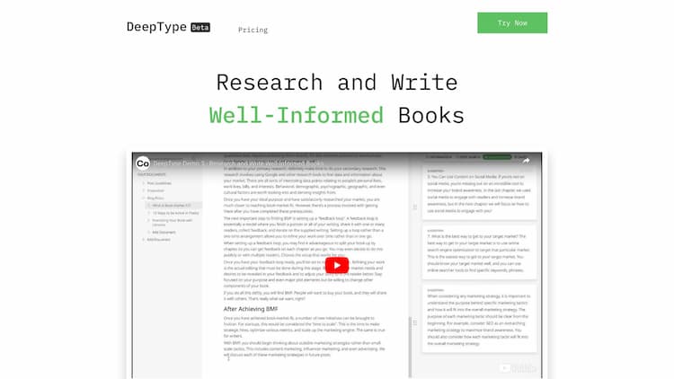 DeepType DeepType helps writers create well-researched books. - Surface relevant information as you type - Research inside your text editor - Get AI text suggestions as you type