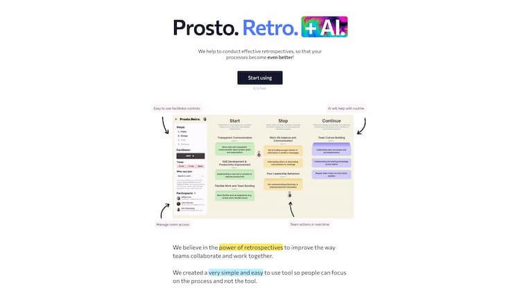 prosto.retro Modern, easy, AI-powered retrospective tool. Best instrument for agile retrospectives, with sleek interface and realtime updates.