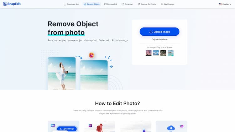 SnapEdit - All-in-one AI Photo Editor How to remove people from photos with SnapEdit - Image cleaning tool (Cleanup Pictures) the best AI detection technology to identify objects. Remove text, Watermark remover, text eraser, remove logo.