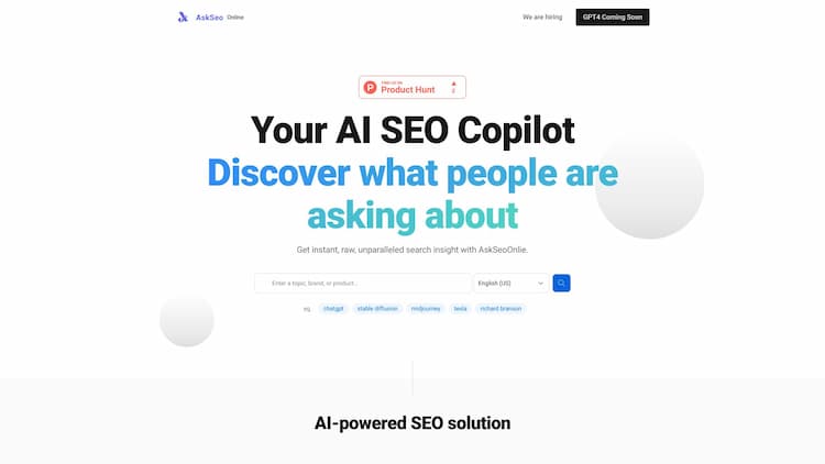 AI SEO Copilot by Askseo AskSeoOnline is an AI-driven SEO solution that provides a powerful toolkit, including keyword research tools, competitor analysis and monitoring tools, automated reporting, and data visualization capabilities.