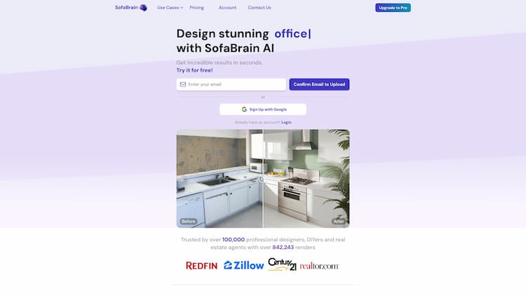 SofaBrain SofaBrain is changing the way you think about interior design. Artificial intelligence lets you visualize a new living room, kitchen and more with our AI powered Interior Design app and staging simulator.