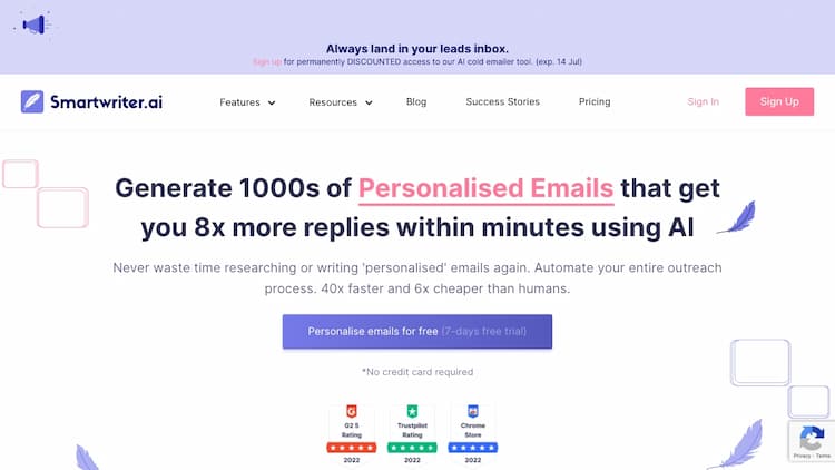 Smartwriter Use AI to create highly personalised cold emails or Linkedin messages that convert readers to customers. No experience needed. Find leads, create tailored personalised copy and make sales. AI Cold Emails