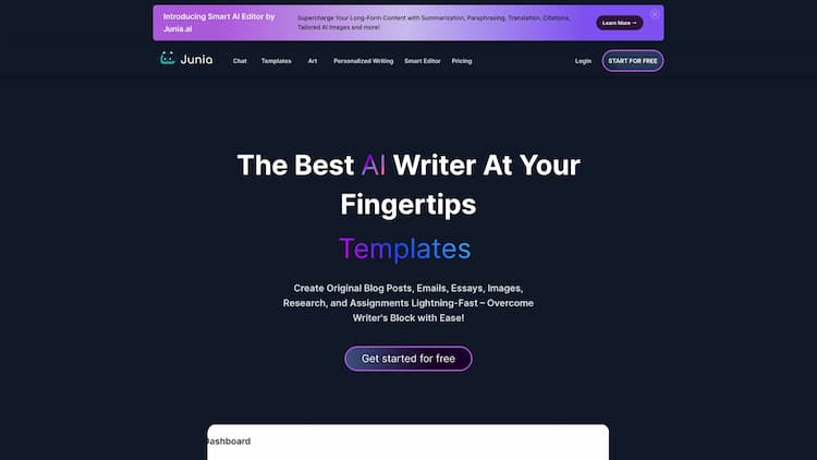 Junia.ai Junia AI is the best AI writing tool for SEO and long-form blog posts! Generate in-depth, plagiarism-free content that ranks on Google. Ready to win the SEO game?